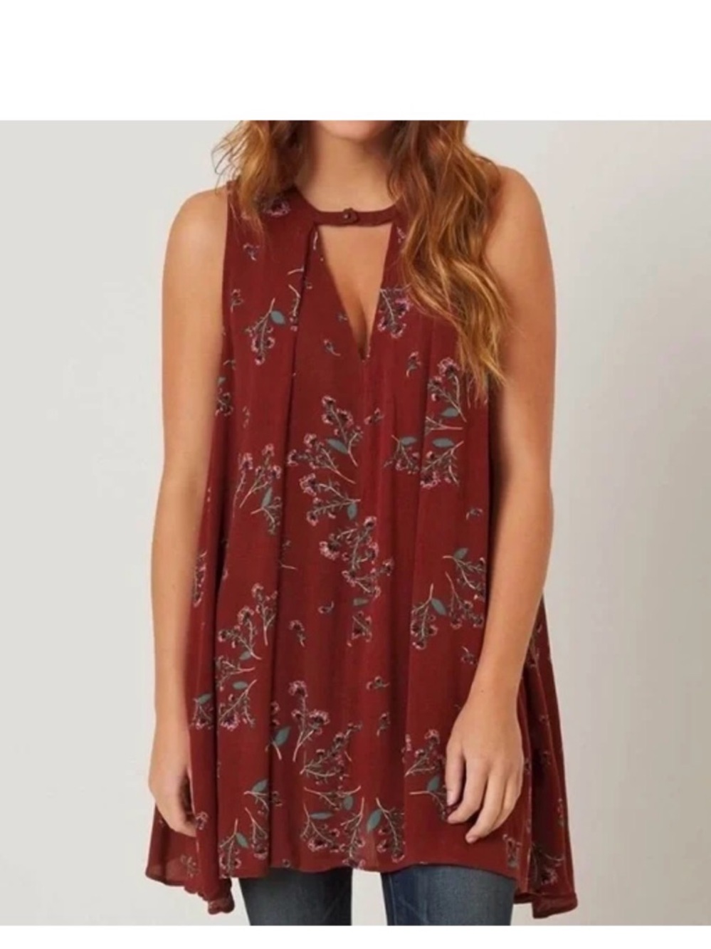 Free People Rust Floral Keyhole Swing Tunic